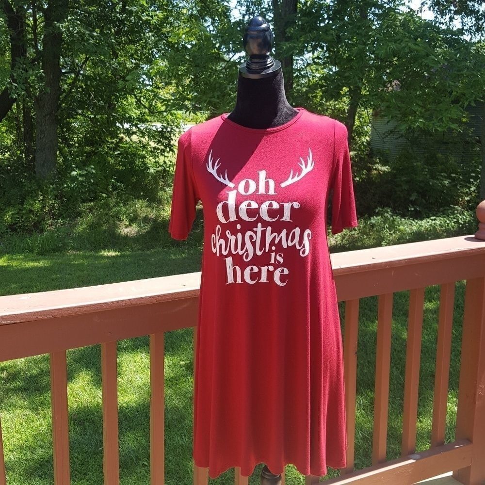 Color Bear "O Deer Christmas is Here Red Knit Crew Neck Midi Dress, sz Small